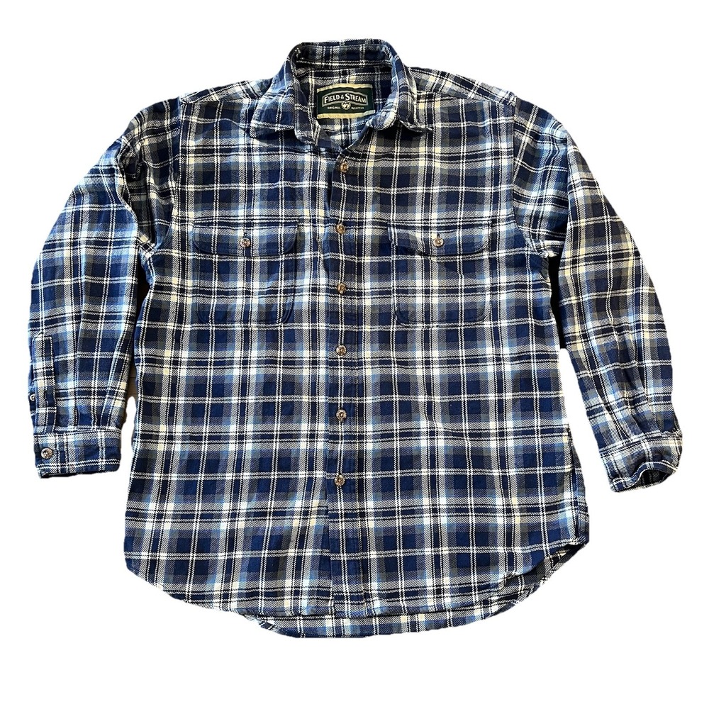 Vtg Field & Stream Heavy Duty Plaid Flannel Button Up Long Sleeve Shirt L Blue